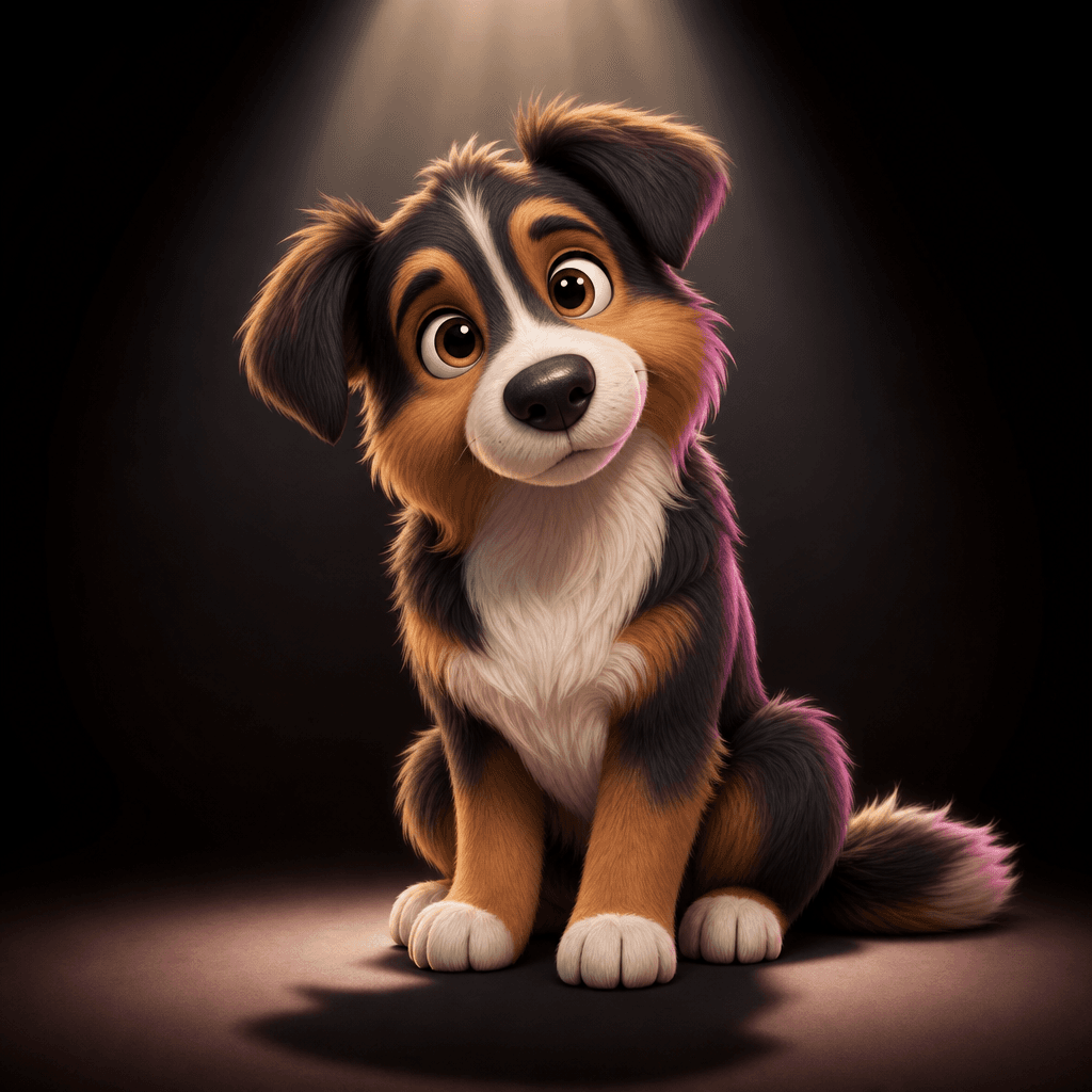 A charming original dog portrait rendered as a polished soft 3D cartoon character, sitting beneath a focused studio spot