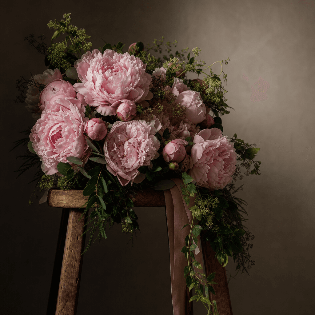 A romantic garden bouquet of pale pink peonies and trailing greenery arranged on a simple oak stool, dark editorial phot