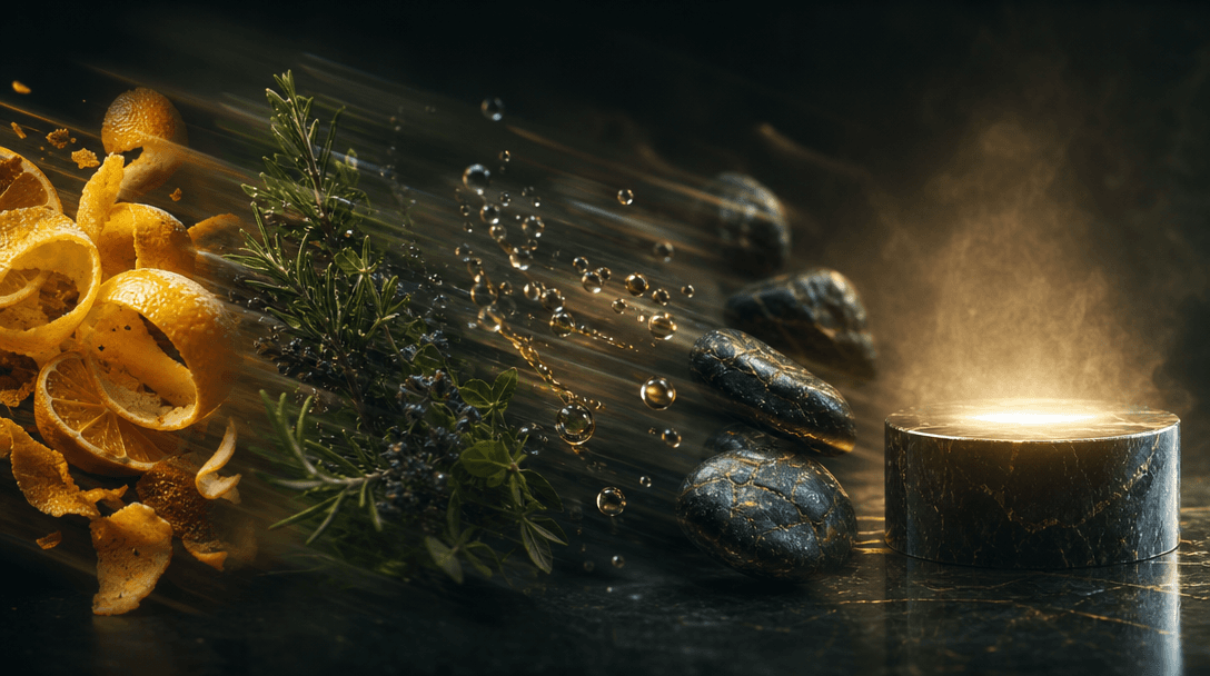 A cinematic visual progression from raw ingredients to finished product atmosphere: citrus peel, herbs, droplets, polish