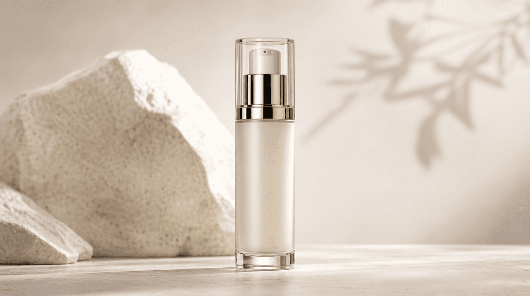 A single polished skincare bottle displayed as a finalized commercial asset against a clean neutral background — framed 