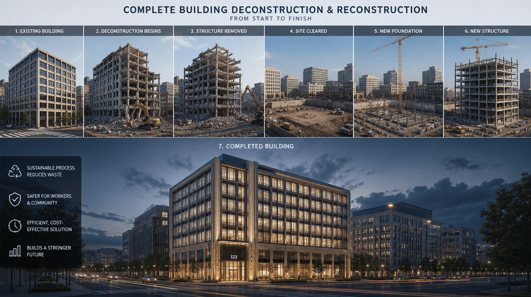 Complete building deconstruction and reconstruction, broadcast quality, professional architecture visualization.