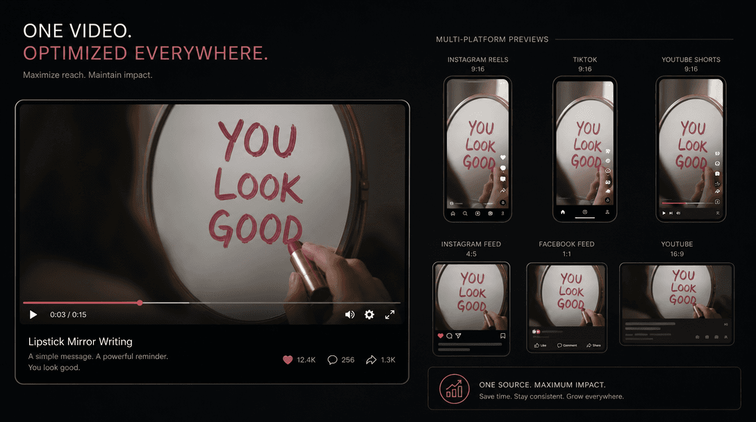 Video player showing the lipstick mirror writing video in a sleek frame, multiple small preview thumbnails suggesting pl