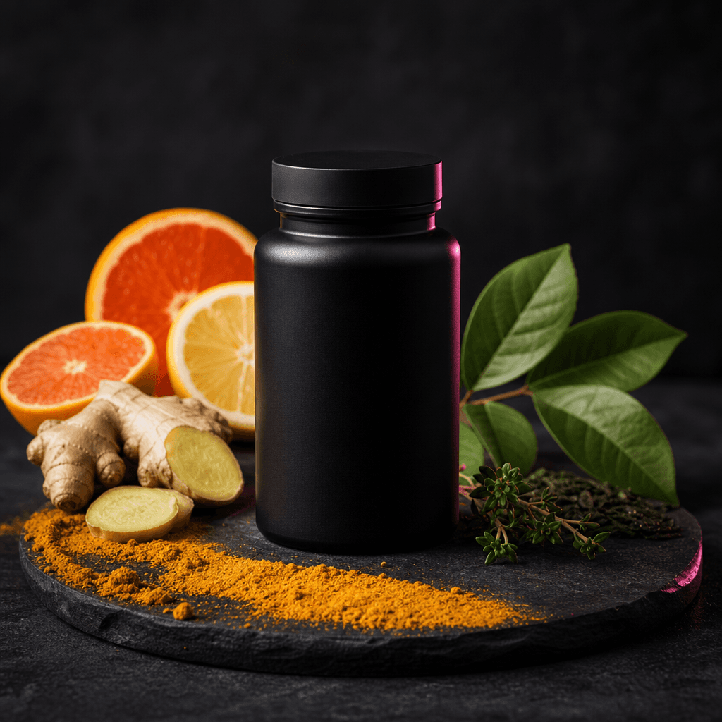 Minimal wellness supplement bottle staged with sliced citrus, ginger, herbal leaves, and a measured arc of golden powder