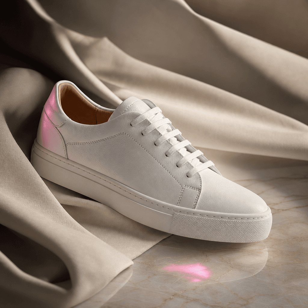 A minimalist white leather sneaker displayed where folded cream fabric transitions into polished pale stone, soft direct