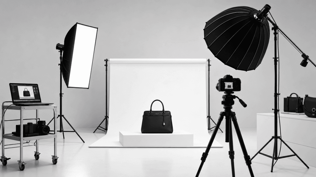 Professional product photography studio setup, bright clean background, subtle lighting equipment detail, catalog produc