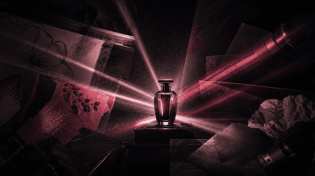 Multiple beams of cinematic light converge on a single elegant product silhouette surrounded by film grain, motion trail