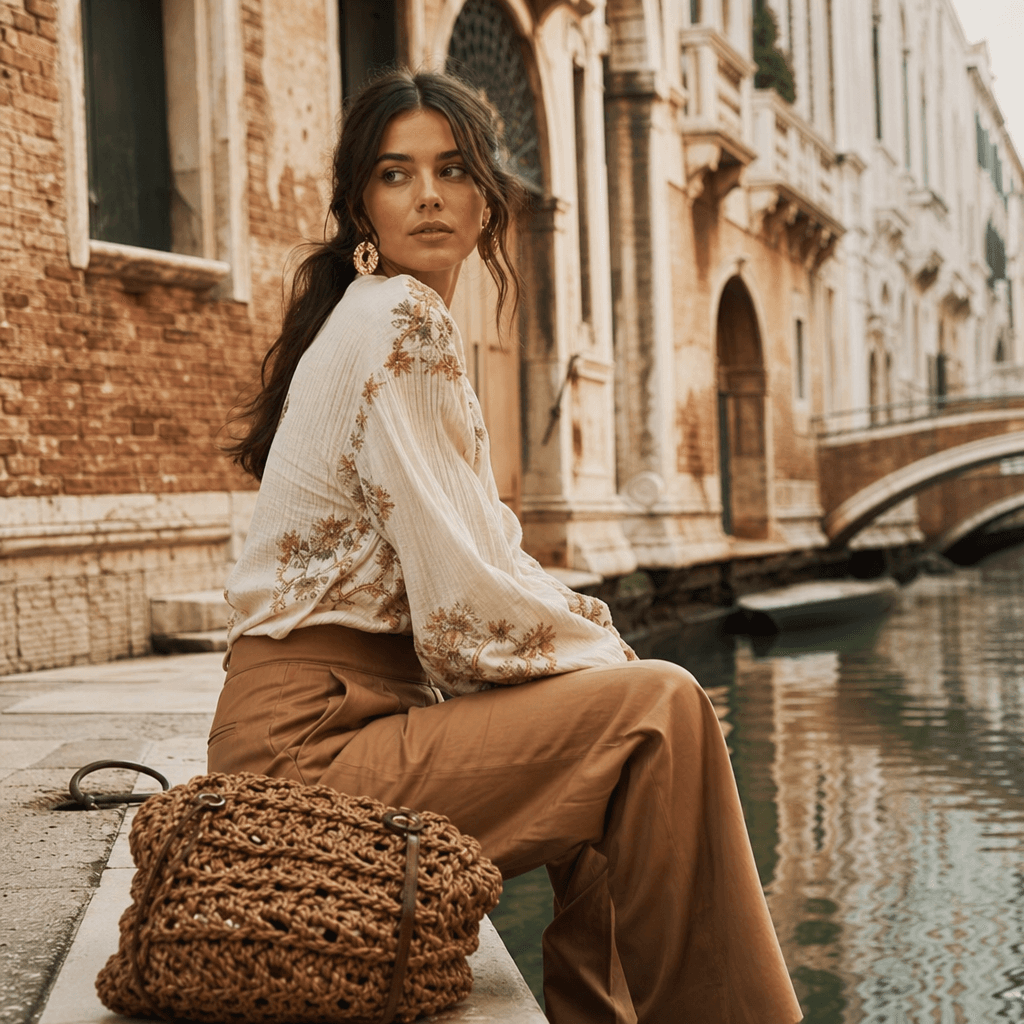 Lifestyle editorial portrait in Italian architectural setting with rustic charm, natural warm light, cinematic compositi