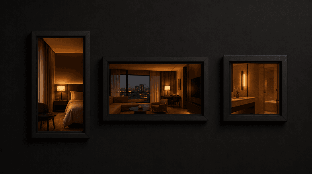 Three dark rectangular frames of different proportions — tall portrait, wide landscape, square — arranged on a deep matt
