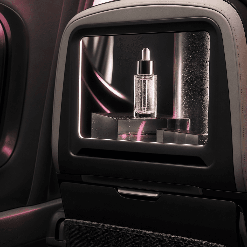 Close view of a modern airplane seatback presenting a luminous skincare serum campaign, translucent glass bottle, subtle