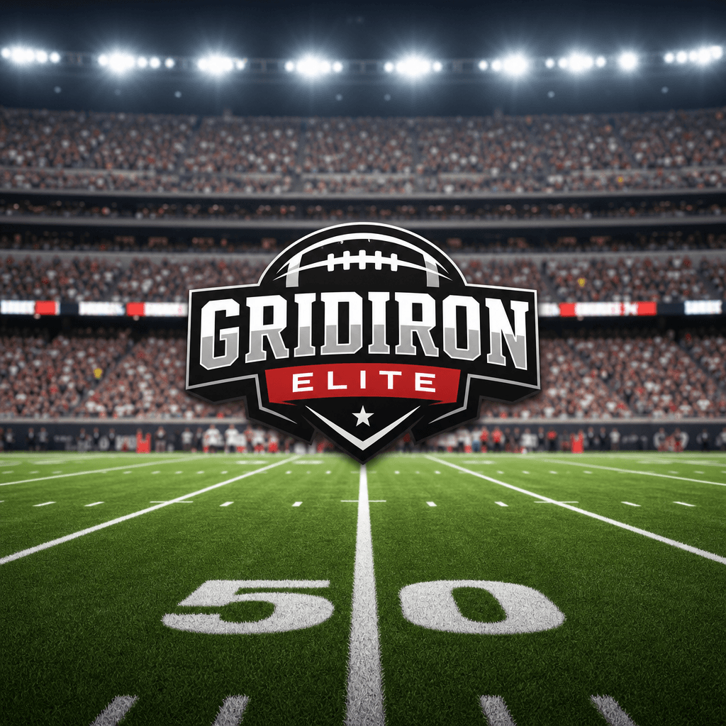 Crowded stadium seats blurred in background with sharp football field lines in focus. Brand logo prominent at center wit