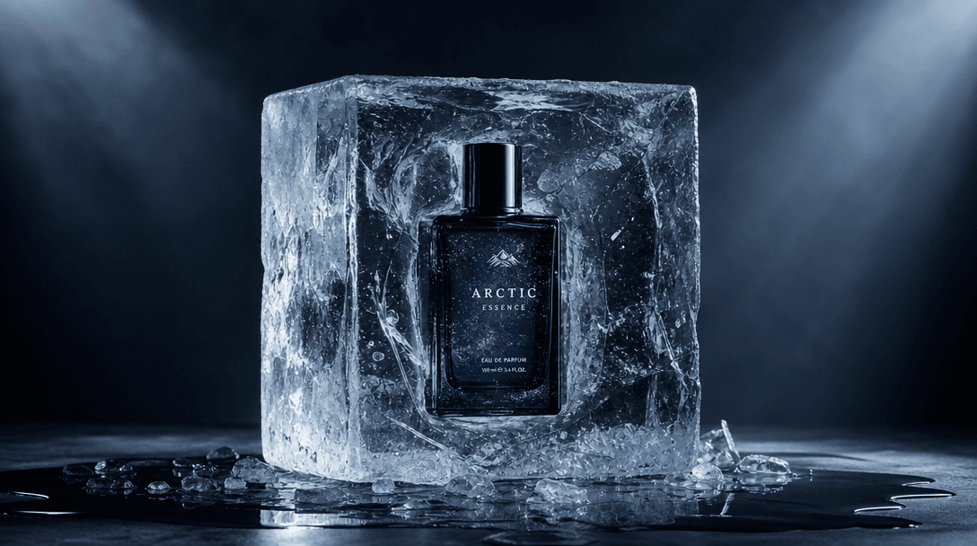 Dramatic frozen product showcase with theatrical studio lighting setup. Ice block photographed with professional product