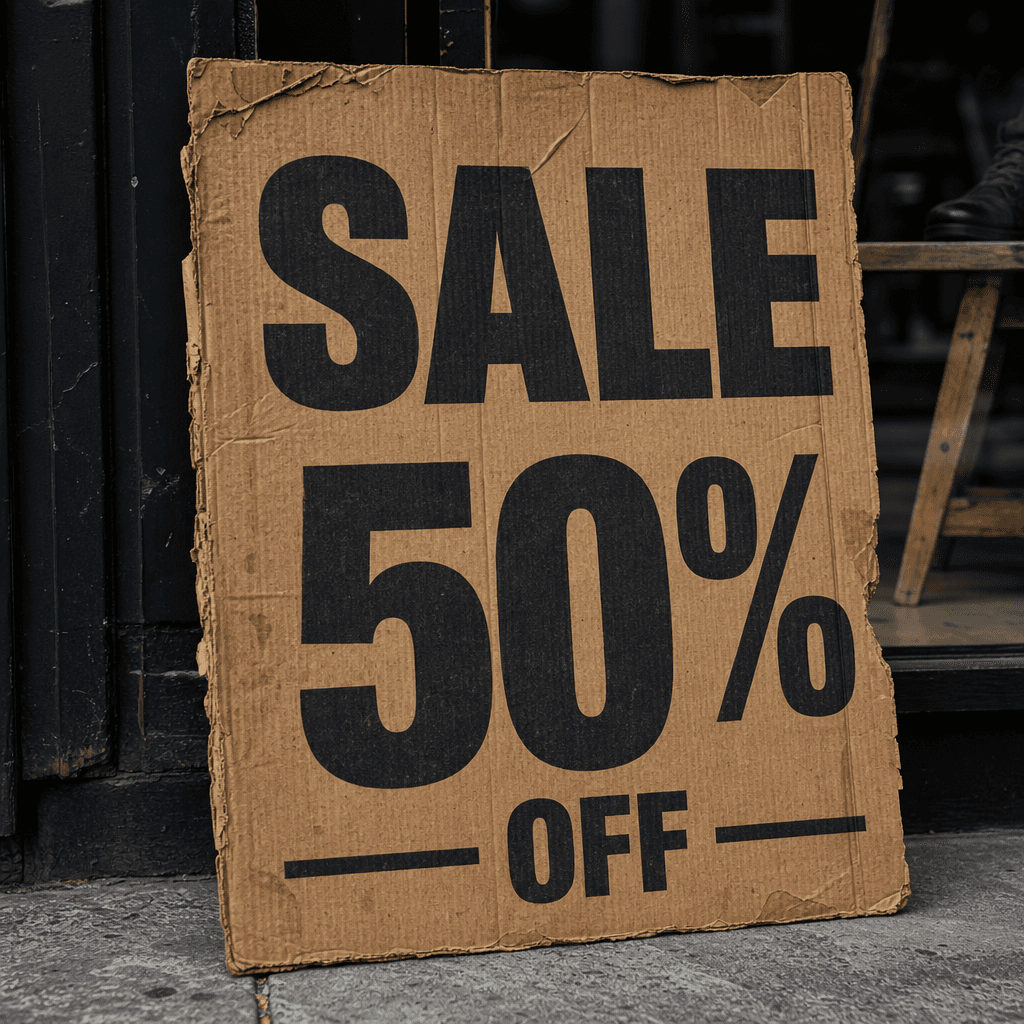 Bold cardboard sign reading 'SALE 50% OFF', black printed text on brown weathered cardboard, urban street style, authent