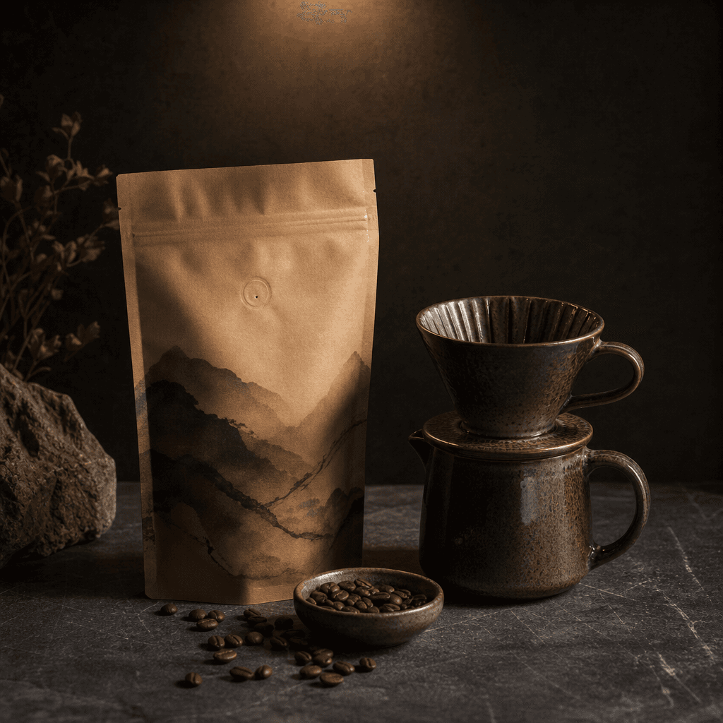 Square editorial lifestyle product image: an artisan coffee bag and ceramic pour-over arranged on dark brushed stone, mo
