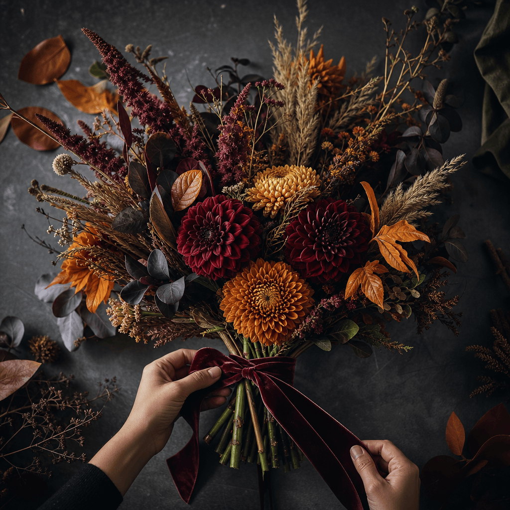 Rich autumn bouquet of burgundy dahlias, amber chrysanthemums, dried grasses, and dark foliage being tied with velvet ri