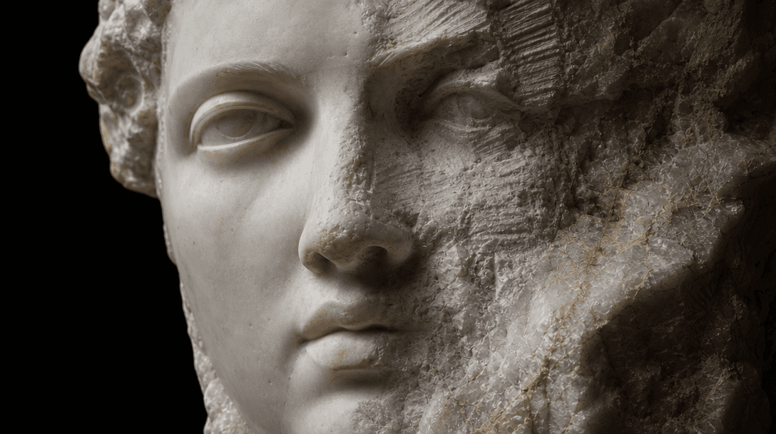 Extreme close-up of a realistic marble face emerging from a rough stone block, one half finely carved and recognizable, 