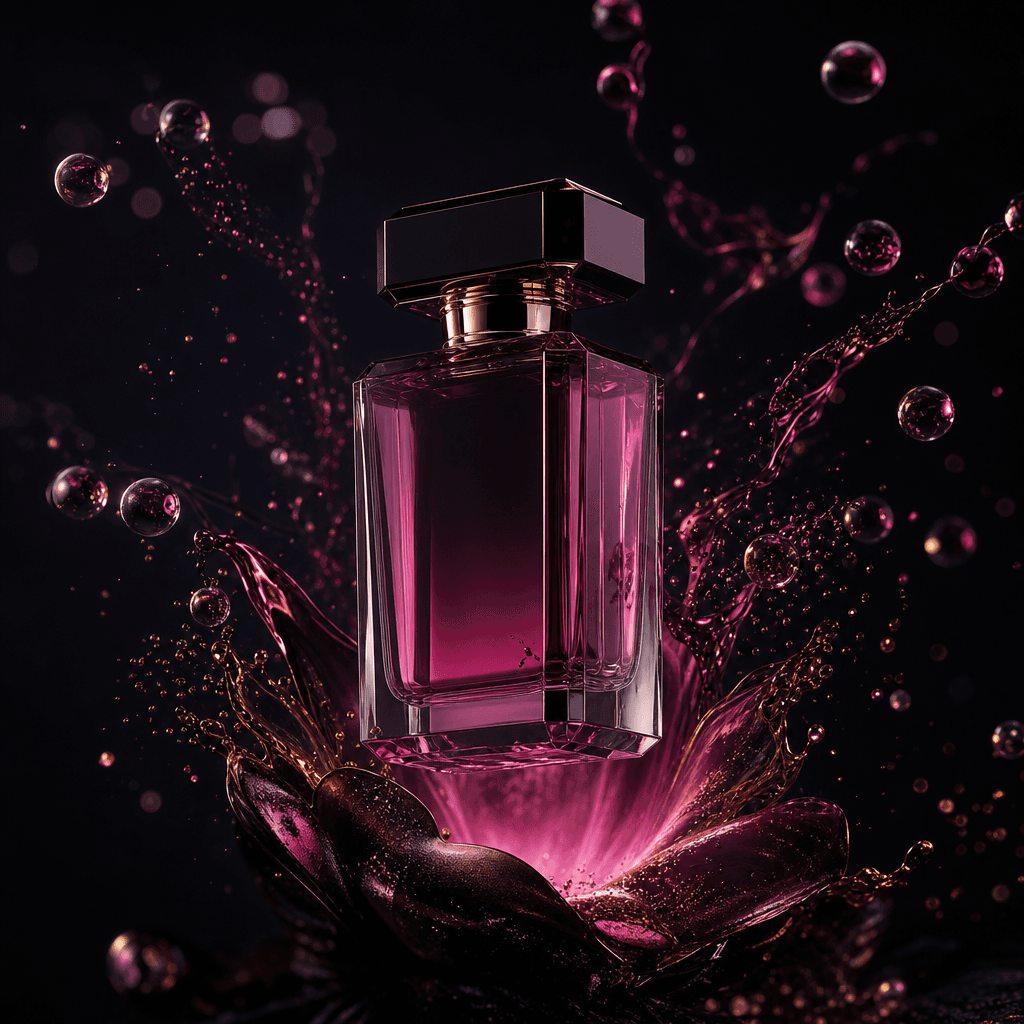 A luxury fragrance bottle suspended above a liquid molecular bloom, transparent spheres and fine aromatic particles spir