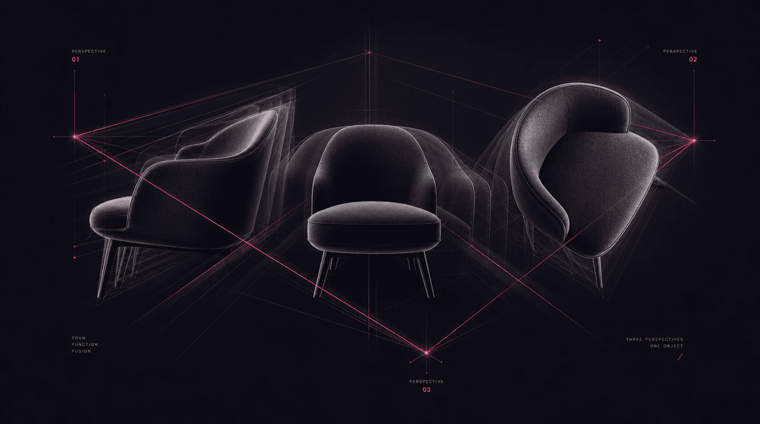 Abstract three-perspective geometry visualization with three overlapping product silhouettes, premium gradient dark back