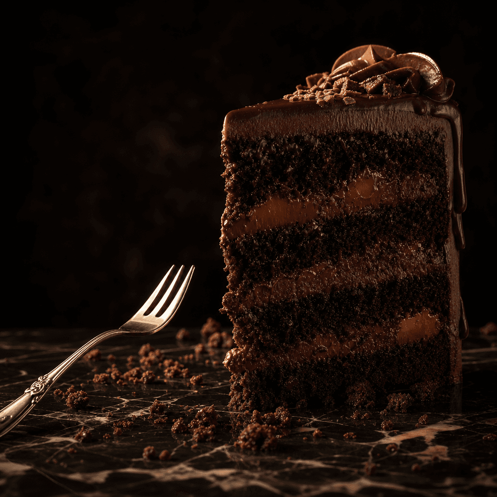 A small polished fork approaching a towering slice of glossy chocolate cake as if reaching a monument, dramatic crumbs a