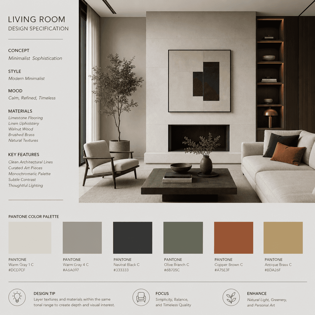Minimalist living room with curated Pantone color scheme, monochromatic sophistication with accent colors, professional 