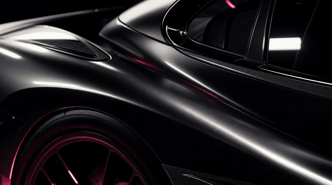 Extreme close view of a performance car's curved metal bodywork, wheel arch, glass, and precision surfaces under narrow 