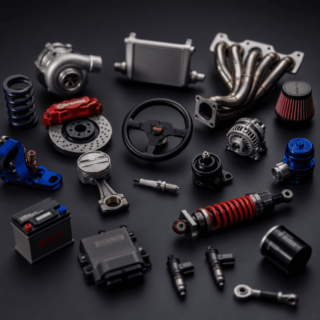 Collection of miniaturized automotive parts arranged on dark surface, depth of field, professional product photography s