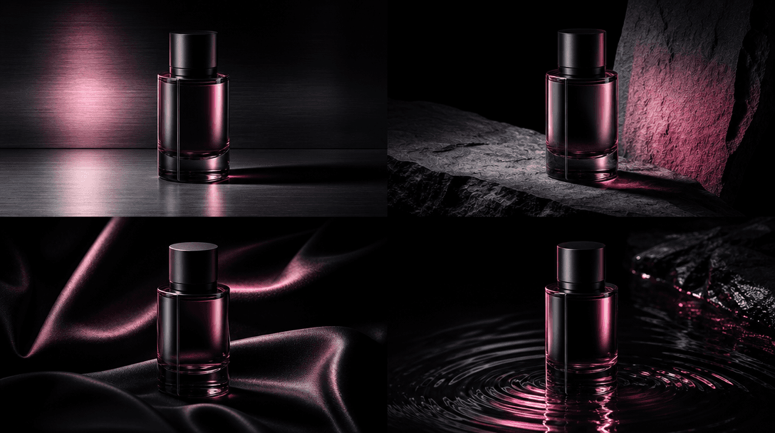 Four identical premium product bottles arranged in distinct pools of directional light, each with different shadow geome