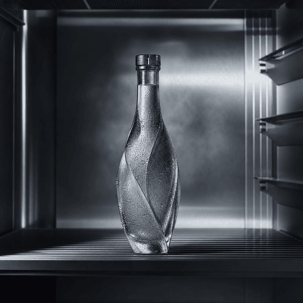 A sculptural glass beverage bottle displayed inside a minimalist stainless-steel refrigerator, cold mist and fine conden