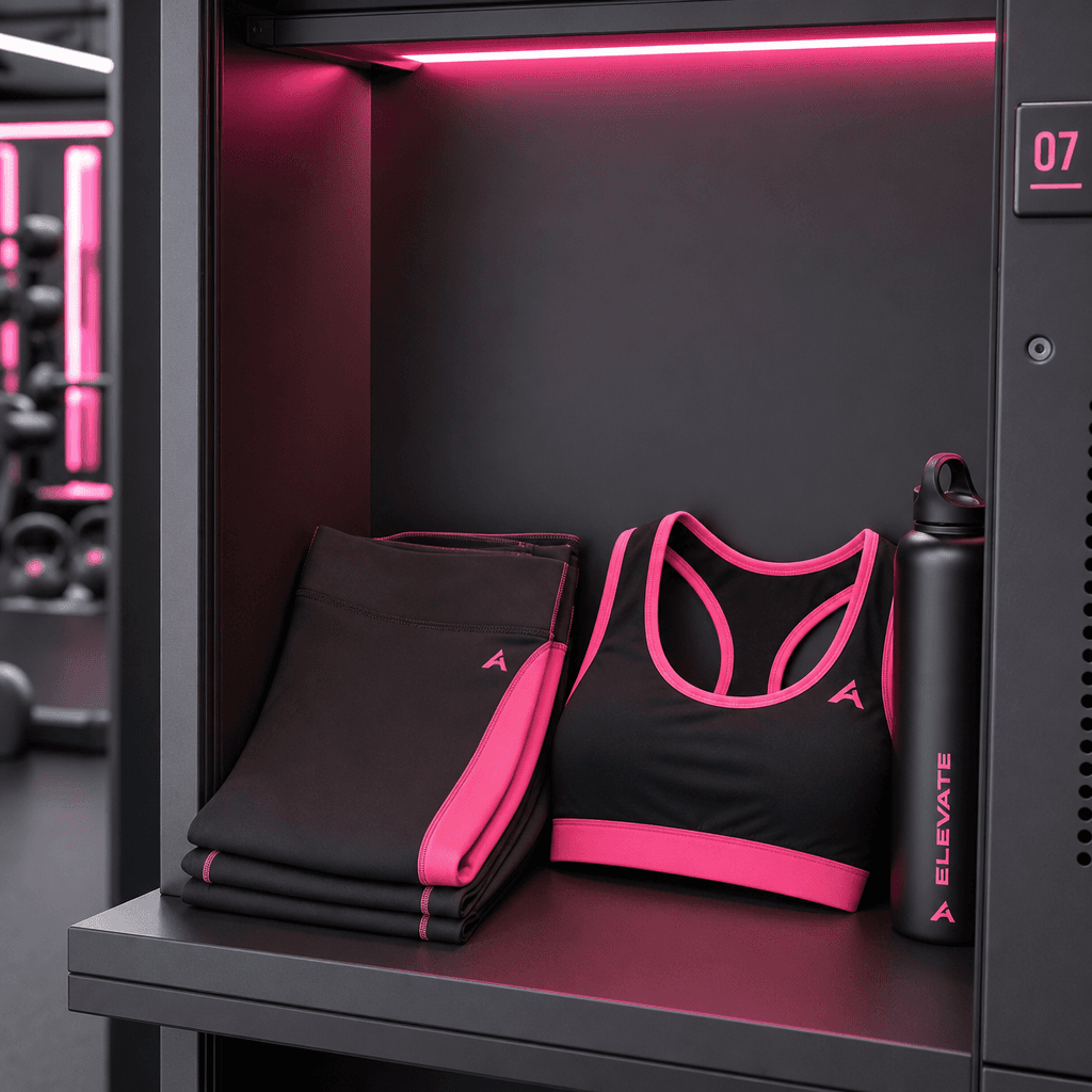 Folded athletic leggings and sports bra in black and hot pink arranged on a clean locker shelf with modern gym environme