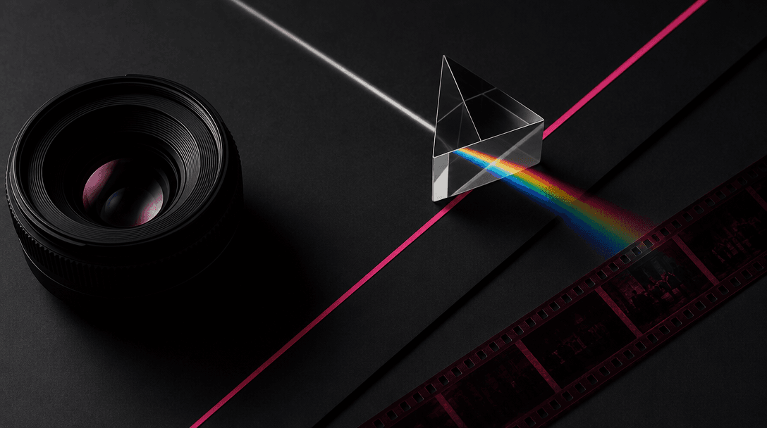 Dark editorial flat lay arranged with precise geometric intention: a camera lens, a glass prism refracting a thin beam o