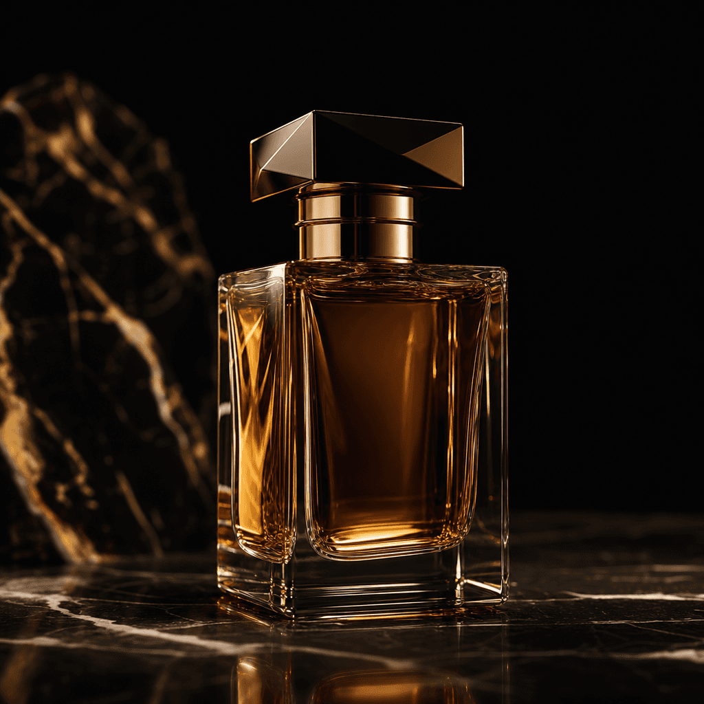 Cinematic close-up of a luxury perfume bottle on a dark marble surface, dramatic studio lighting with warm amber specula