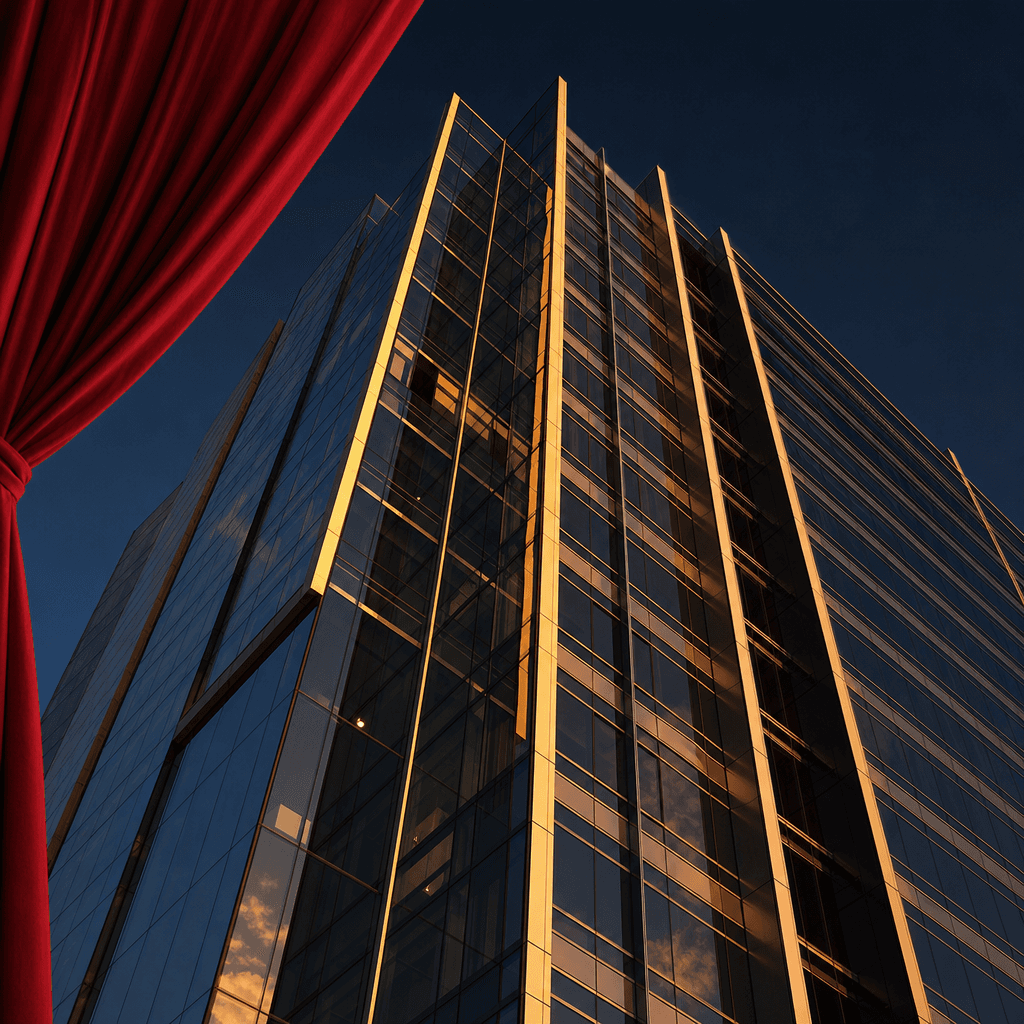 A modernist glass office tower revealed mid-reveal, rich red curtain swept fully aside, dramatic low-angle perspective l