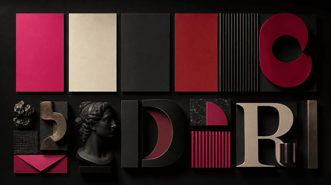Rows of richly pigmented color cards and sculptural letterform shapes arranged in precise harmony on a near-black backgr