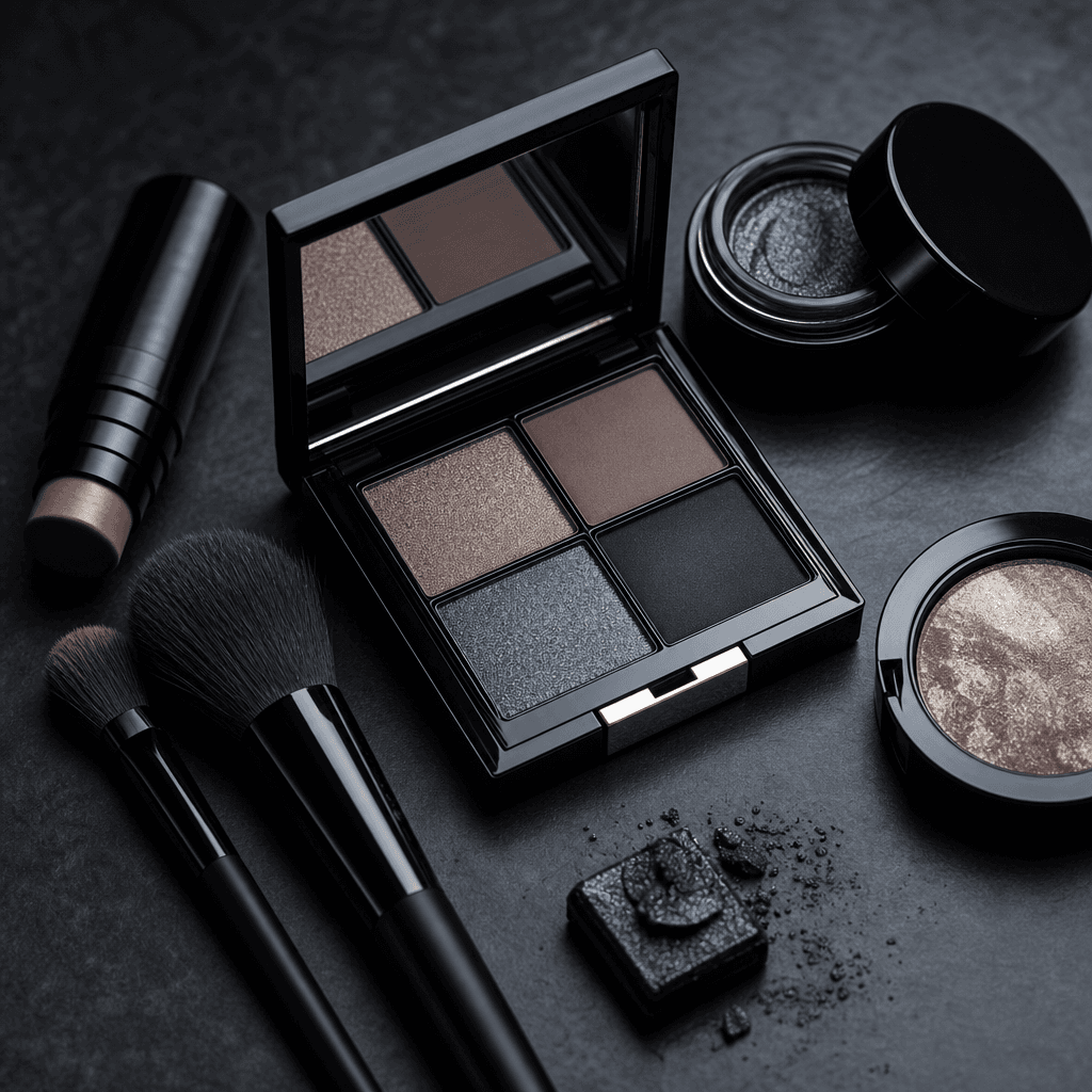 Compact cosmetics palette and brush arrangement on a deep charcoal surface, cold overhead studio light, beauty product e