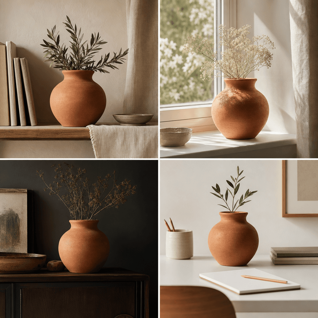 Four-panel 2×2 lifestyle collage of a terracotta vase in four styled interiors — warm linen shelf, sunlit windowsill, da