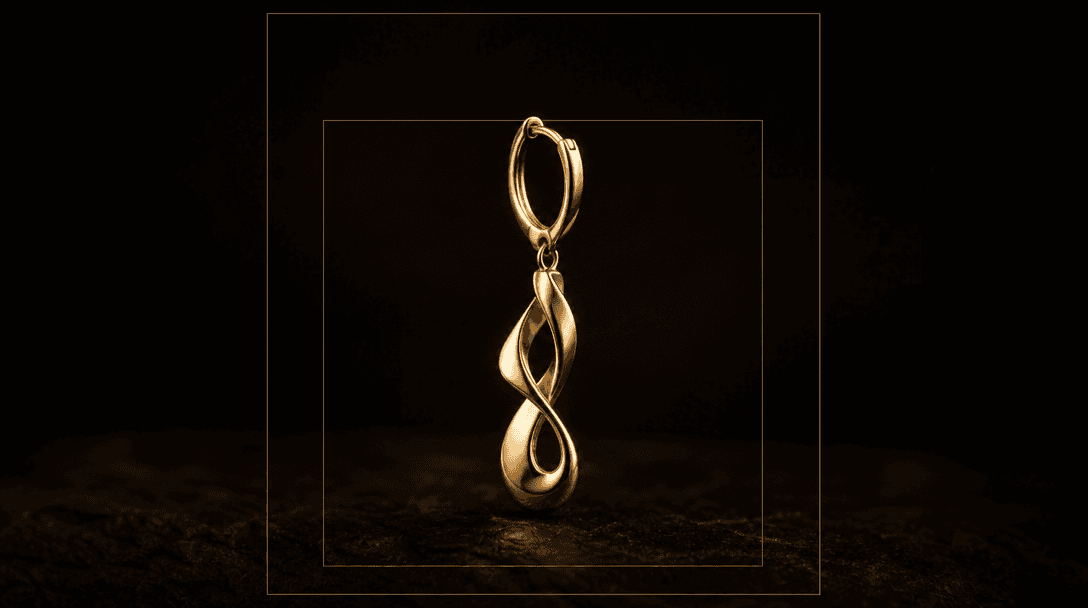 Abstract crop-format concept: a single elegant gold earring piece shown against deep dark background, surrounded by two 
