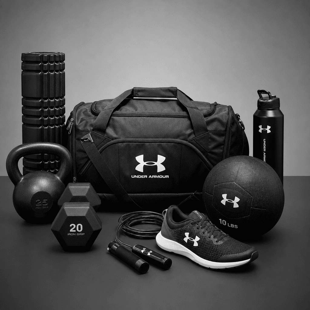 Sports equipment and athletic gear packshot. Professional action-ready product arrangement with clean geometric composit