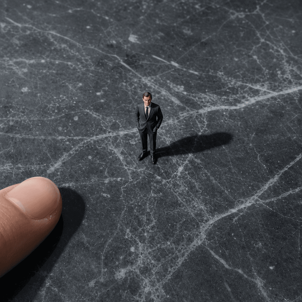 Overhead flat lay on dark polished stone: a tiny 4 cm miniature figure in a tailored suit stands upright on the surface,