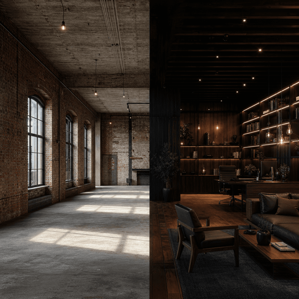 Industrial loft interior before and after: left half raw exposed brick walls and bare concrete ceiling with hanging elec