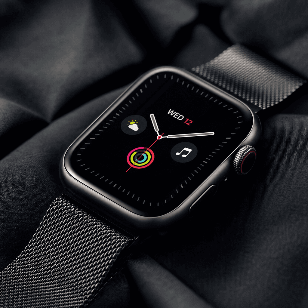 Beautiful close-up of a smartwatch on dark fabric, professional studio lighting highlighting screen and metal details, c