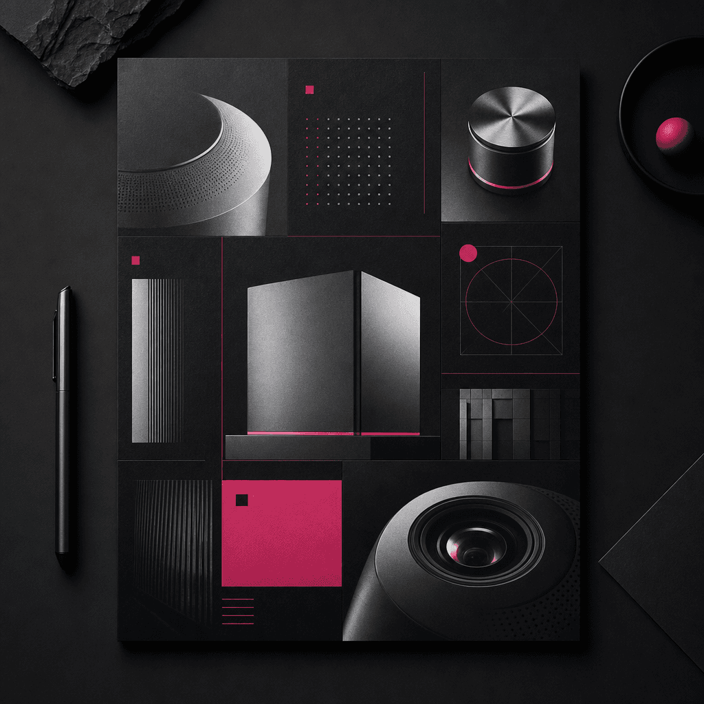 A sophisticated technology company one-pager presented as a square editorial still life, matte black paper, precise arch