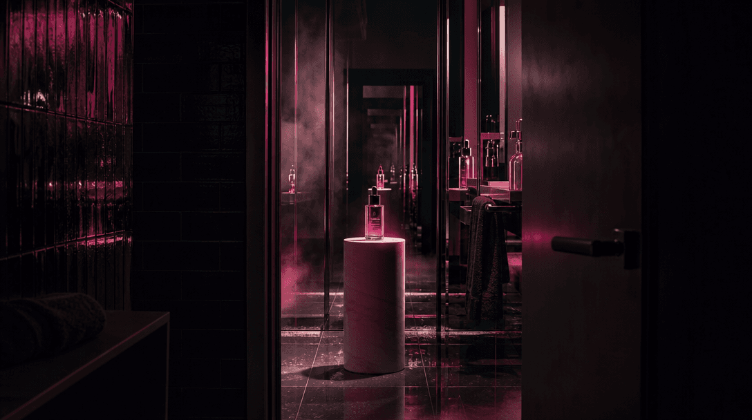 A dark bathroom doorway opening onto a sharply lit product pedestal, reflected repeatedly across mirrors and chrome surf