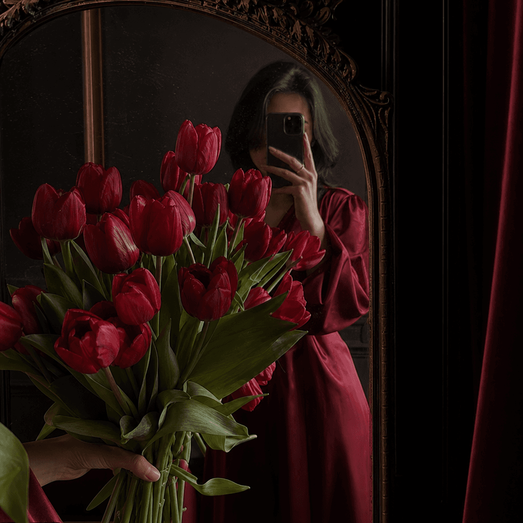 A vivid bouquet of red tulips held in front of an antique mirror, cropped lifestyle selfie composition with the person r