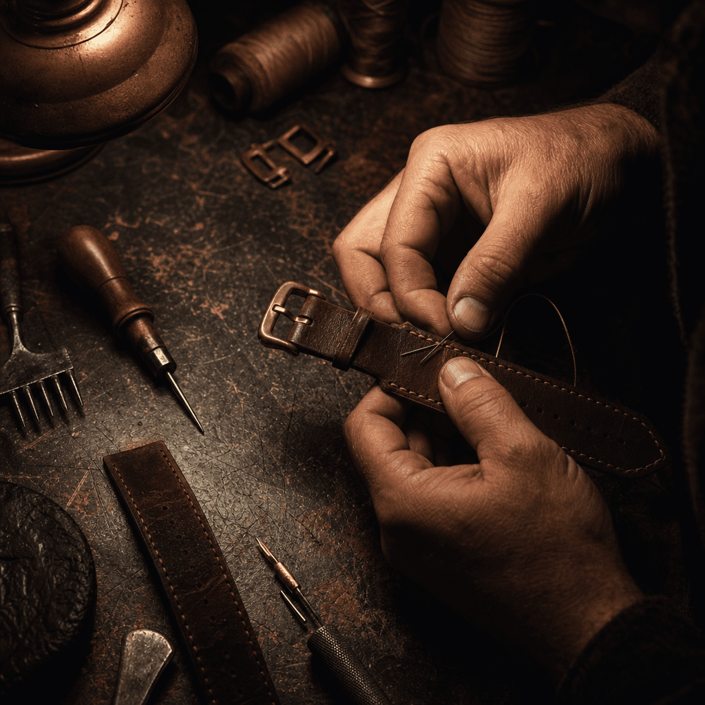 Artisan hands abstractly shown assembling a leather watch strap at a worn wooden bench, warm task light against deep sha