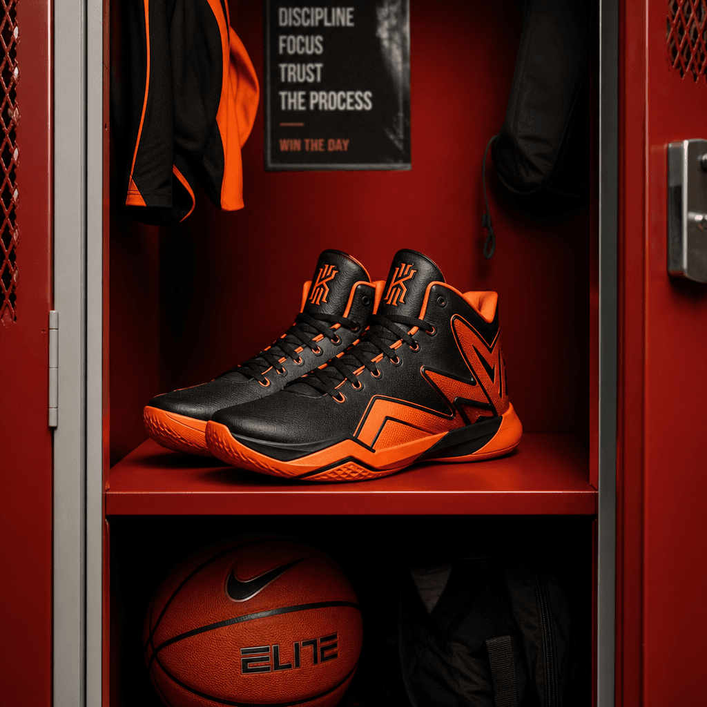 Premium basketball shoes in vibrant orange and black colorway displayed inside a realistic red gym locker with professio