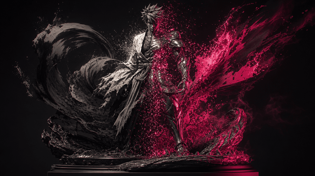 A single sculptural anime hero form interpreted through several adjacent material zones: matte ink, luminous particles, 