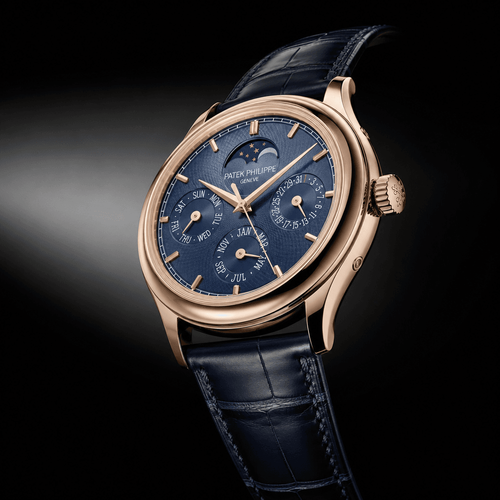 Luxury timepiece floating with gentle rotation, dramatic side lighting creating metallic shine on case and dial, dark so