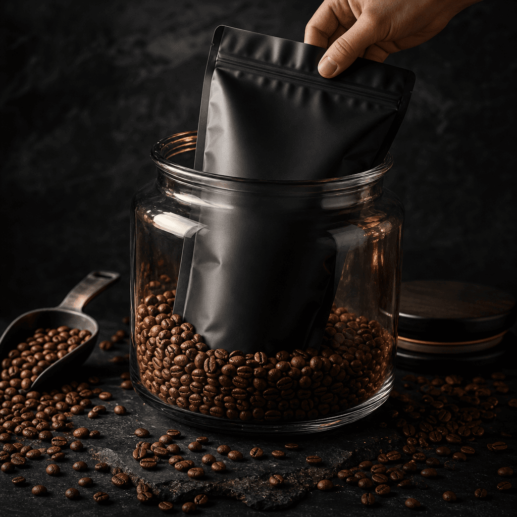 An anonymous hand retrieving a premium matte-black coffee pouch from a large transparent glass jar, surrounded by scatte