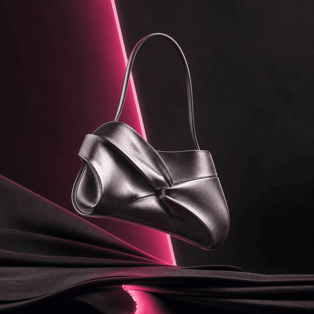 Fashion collection announcement scene with a sculptural silver handbag suspended above folded black fabric, a vivid hot 
