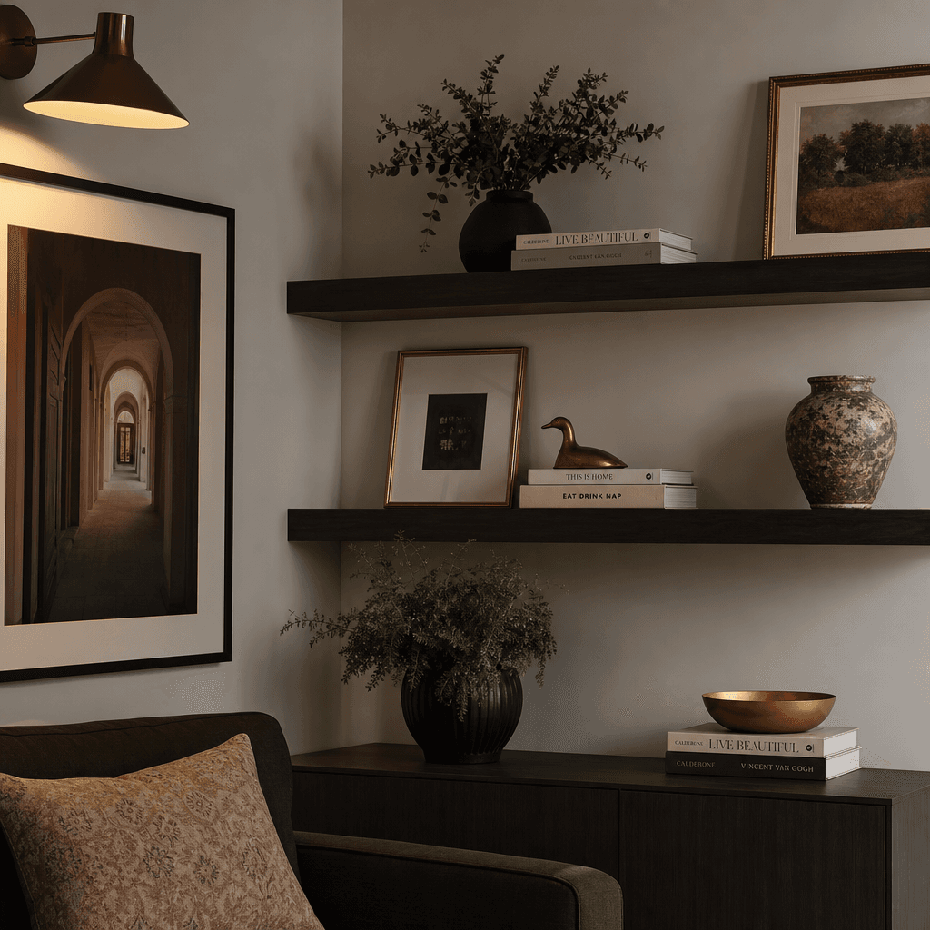 Styled corner of modern interior with floating shelves, framed artwork, and decorative objects, editorial lifestyle phot