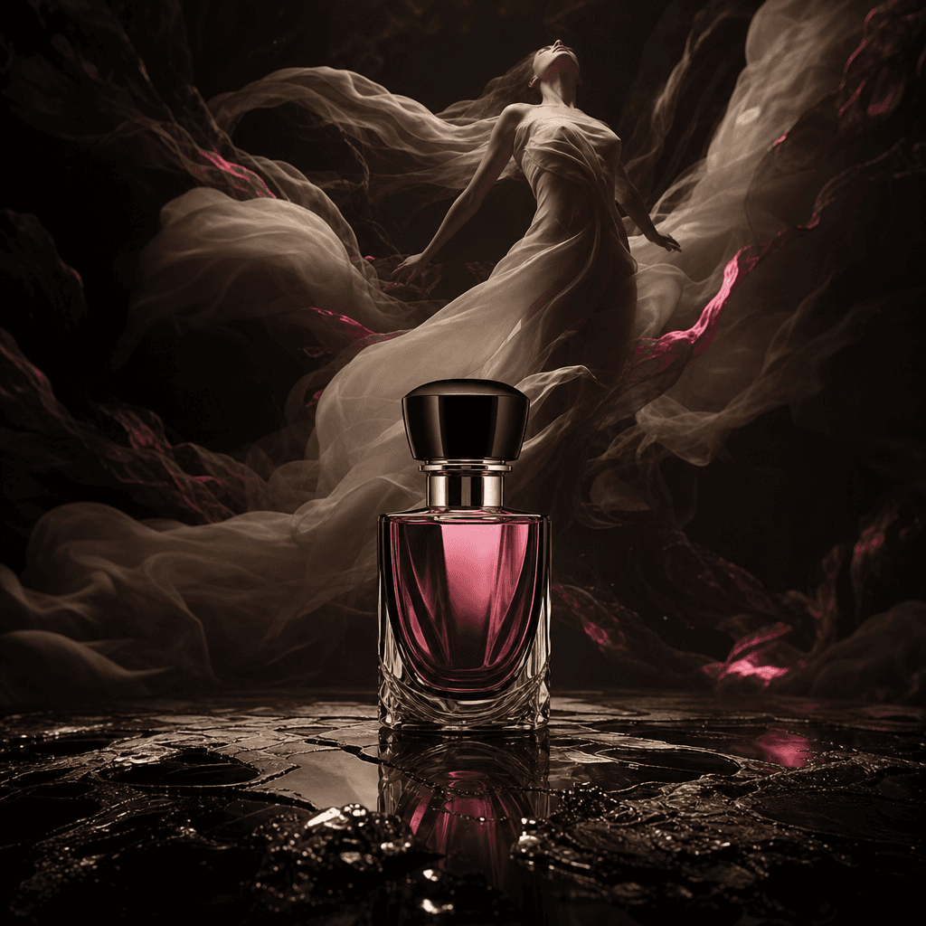 A luxury perfume bottle standing perfectly still on reflective obsidian while an abstractly styled figure rises weightle